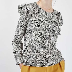 TOPSHOP | Mono Animal Ruffle Long Sleeve Blouse